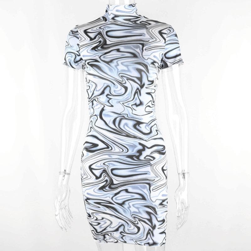 Ripple print contrast high neck short sleeve mini dress