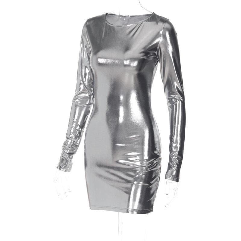 Metallic long sleeve round neck mini dress 3