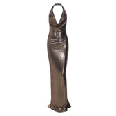 Metallic Cowl Neck Ruched Halter Backless Maxi Dress 3