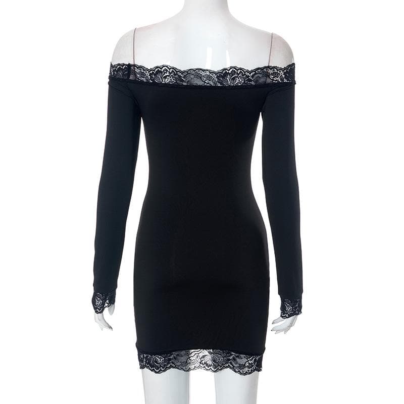 Lace hem solid off shoulder long sleeve mini dress 4