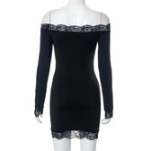 Lace hem solid off shoulder long sleeve mini dress 4