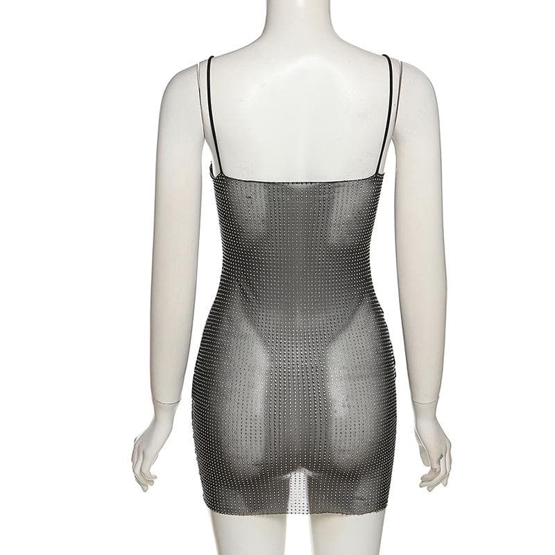 Sheer Mesh Rhinestone Studded V-Neck Cami Bodycon Mini Dress 4