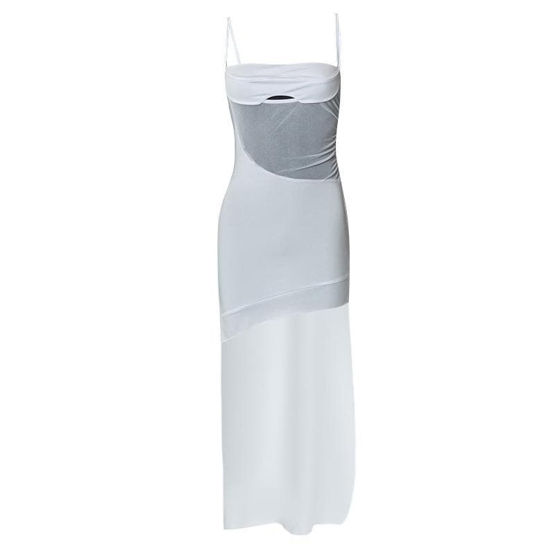 Sheer Mesh Panel Cut Out Asymmetric Spaghetti Strap Cami Maxi Dress