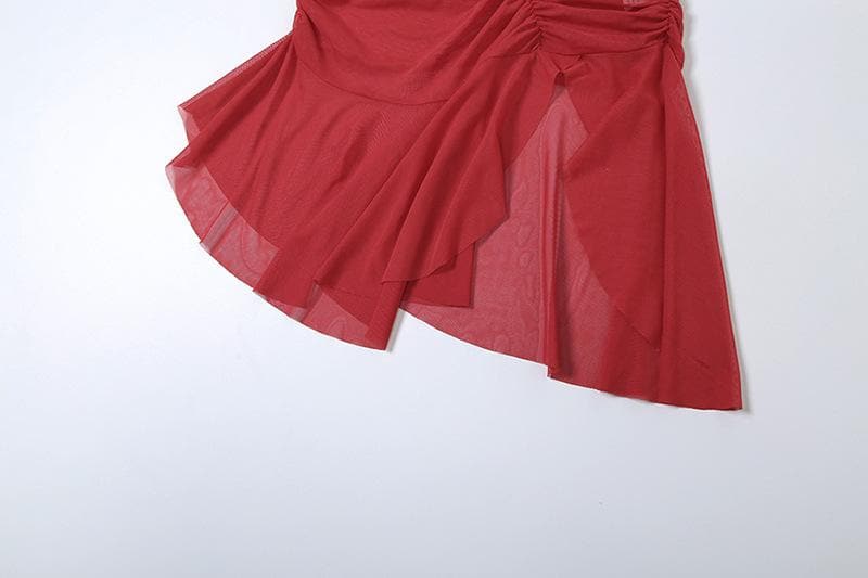Sheer Mesh Ruffle Trim Cut Out Ruched Asymmetric Strap Mini Dress 9