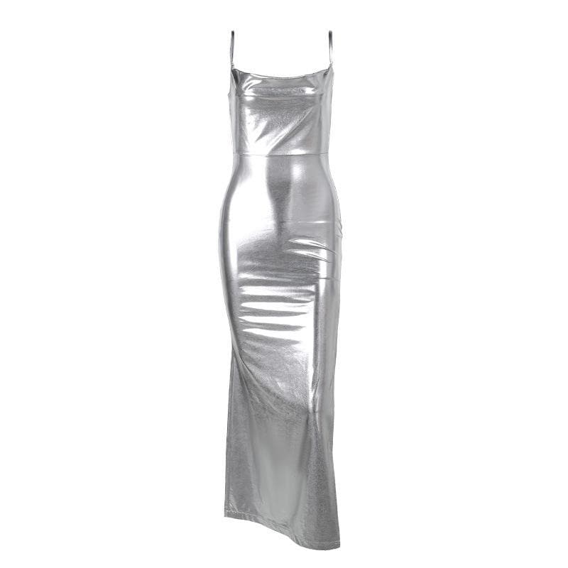 Metallic Cowl Neck Spaghetti Strap Bodycon Cami Maxi Dress