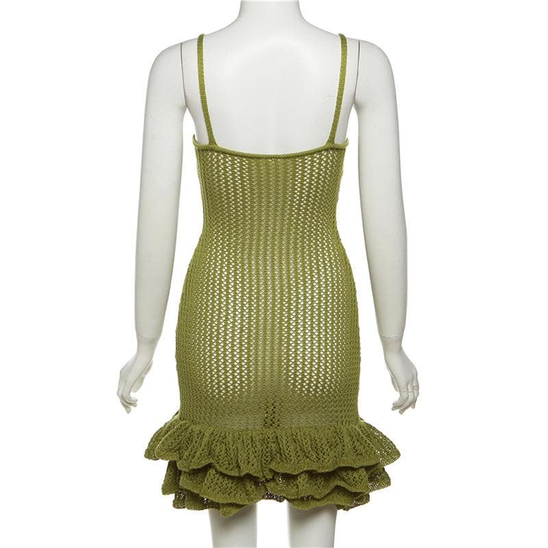 Crochet v neck sleeveless hollow out ruffle mini dress 5