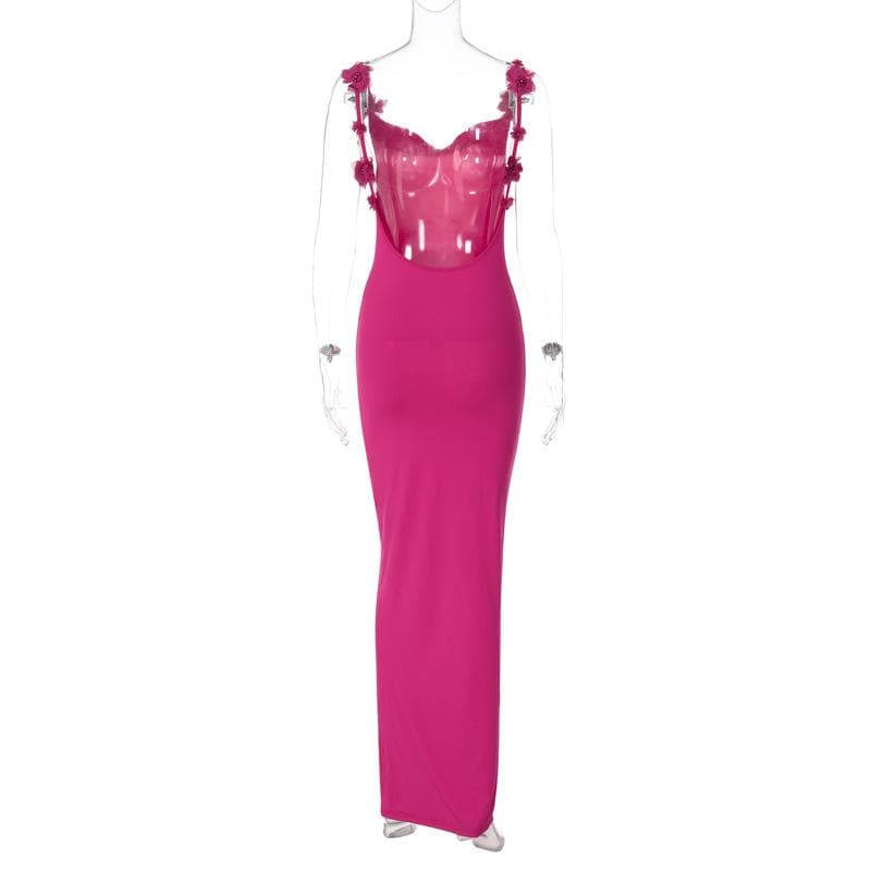 Flower applique cowl neck backless solid maxi dress 5