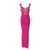 Flower applique cowl neck backless solid maxi dress 5