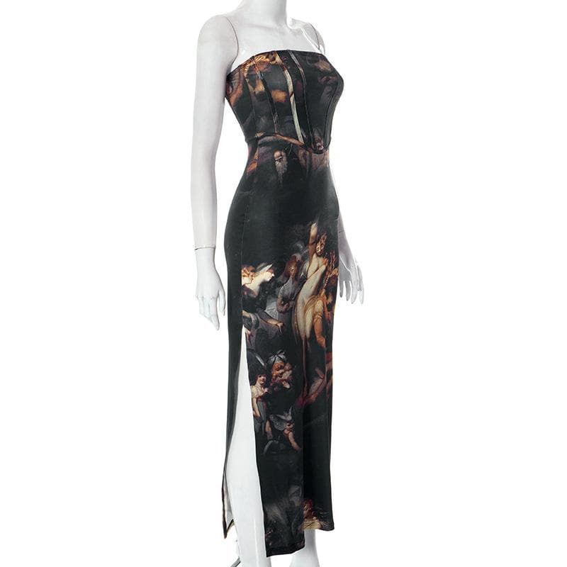 Slit abstract contrast bustier backless tube maxi dress 3