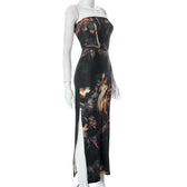 Slit abstract contrast bustier backless tube maxi dress 3