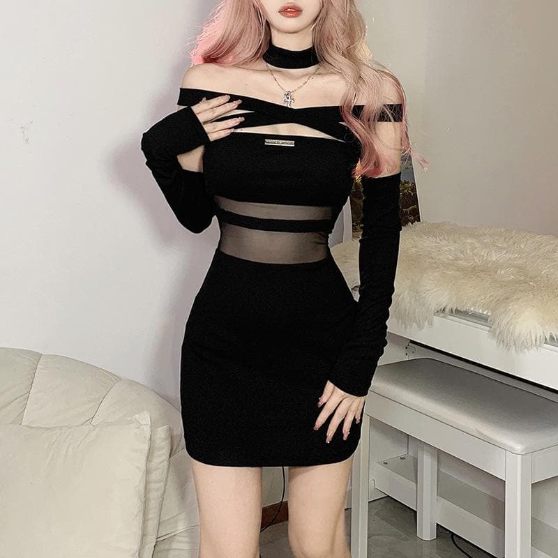 Off Shoulder Cross Strap Mesh Panel Bodycon Mini Dress with Arm Sleeves and Choker 2