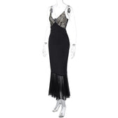 Lace patchwork contrast ruched v neck backless midi dress 8