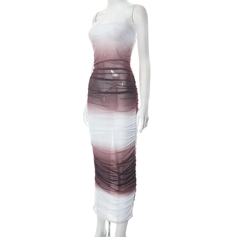 Gradient sheer mesh see through ruched tube maxi dress 3