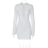 Lace up solid long sleeve ribbed self tie mini dress 4