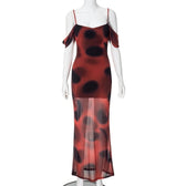 Polka dot mesh contrast off shoulder ruched cami maxi dress 2