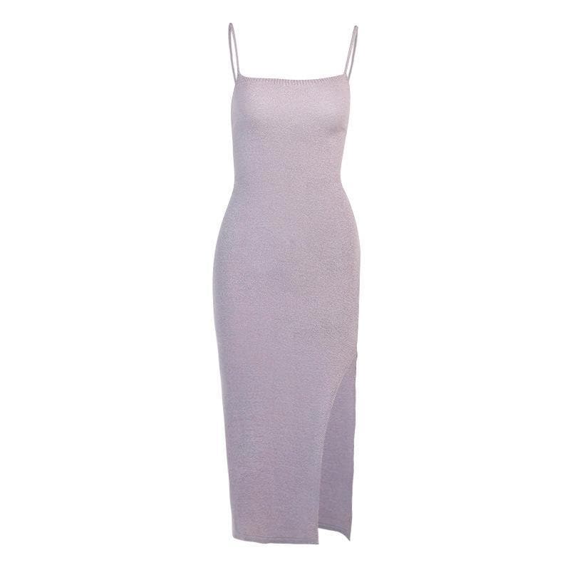 Straight Neck Spaghetti Strap Knit Side Split Bodycon Midi Dress