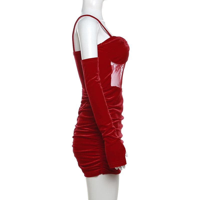 Velvet Twist Bust Lace Mesh Waist Ruched Cami Mini Dress with Gloves 14