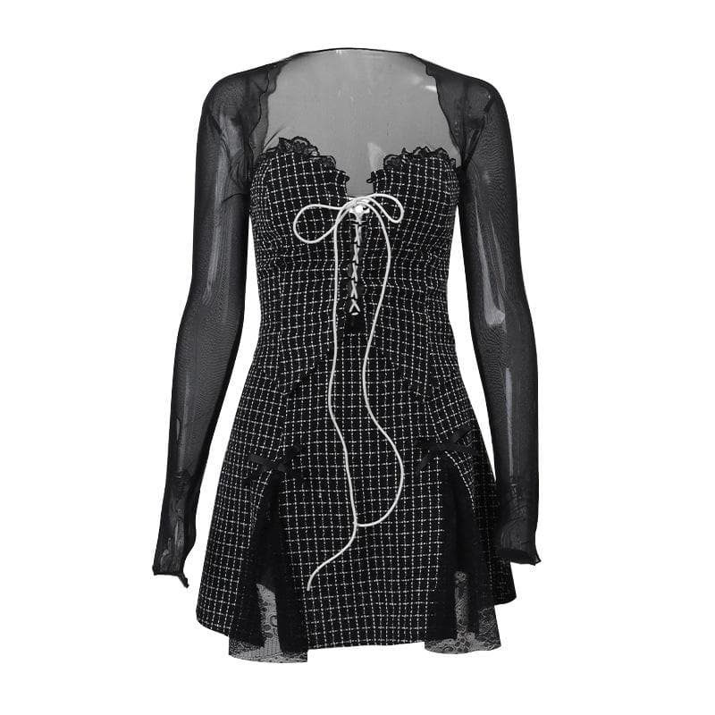 Plaid Lace Up Front Mini Dress and Sheer Mesh Shrug Two Piece Set