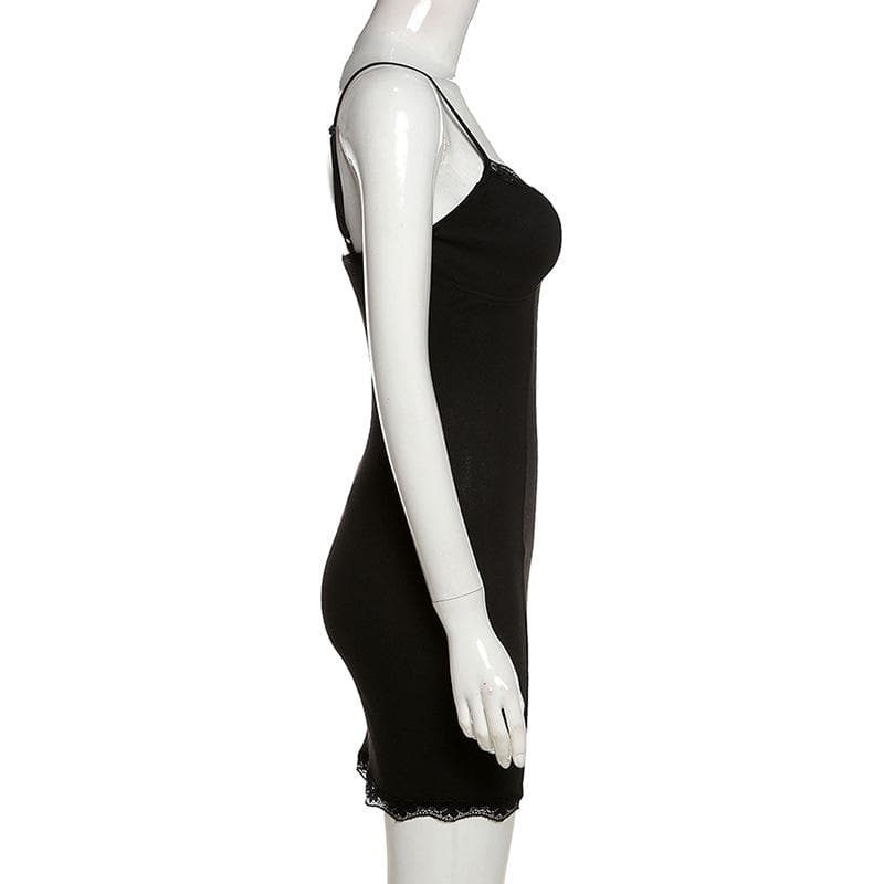 Lace hem solid v neck backless cami mini dress 3