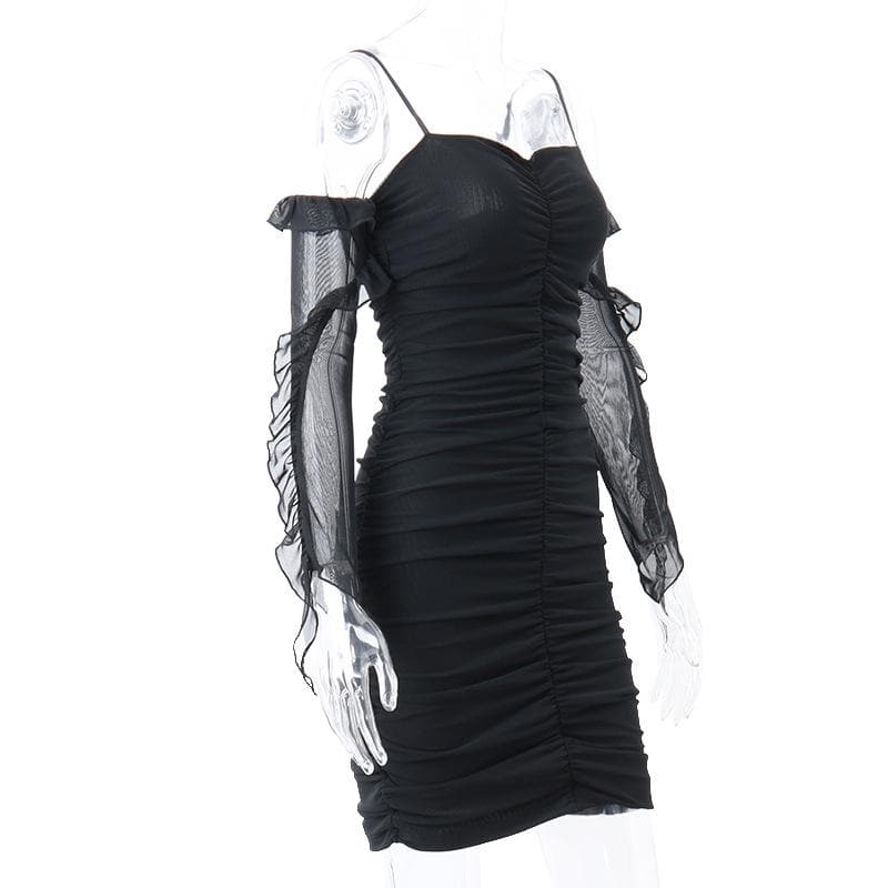 Solid ruched backless ruffle mesh mini dress 10