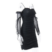 Solid ruched backless ruffle mesh mini dress 10