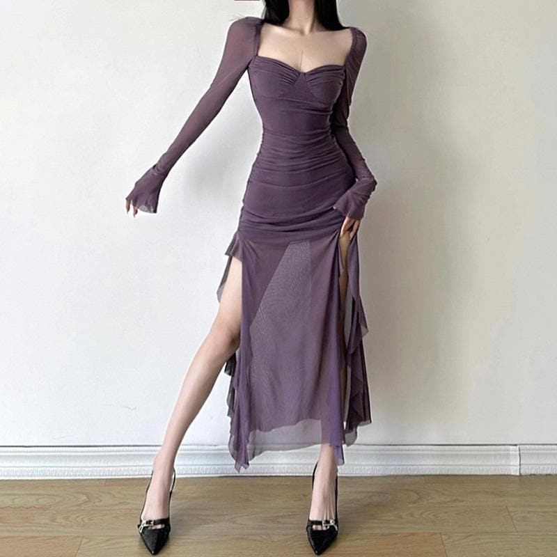 Mesh ruffle solid long sleeve ruched self tie slit maxi dress 3