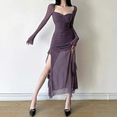 Mesh ruffle solid long sleeve ruched self tie slit maxi dress 3