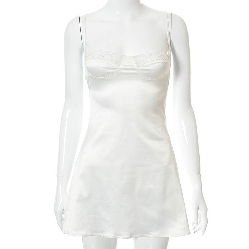 Lace hem satin ruched hollow out backless cami mini dress 2