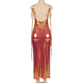 Metallic ruched backless self tie square neck maxi dress 5