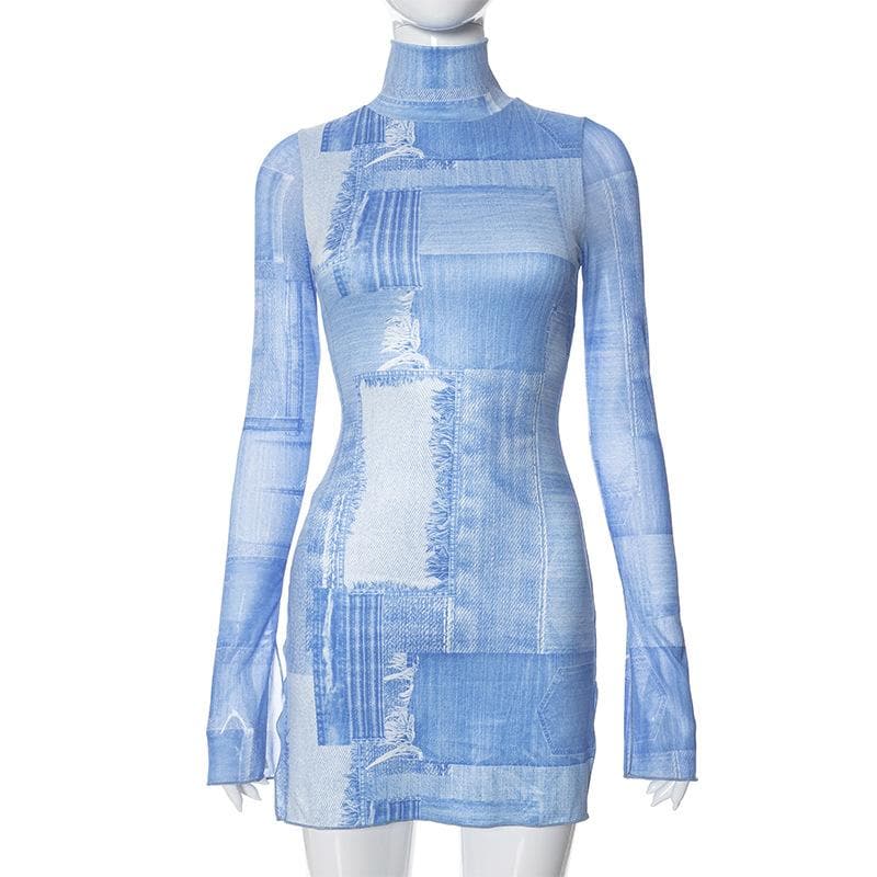 Slit long sleeve high neck denim print contrast mini dress