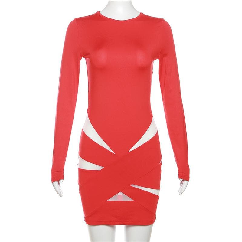 Mesh long sleeve crewneck patchwork contrast mini dress 2