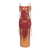 Metallic ruched backless self tie square neck maxi dress 9