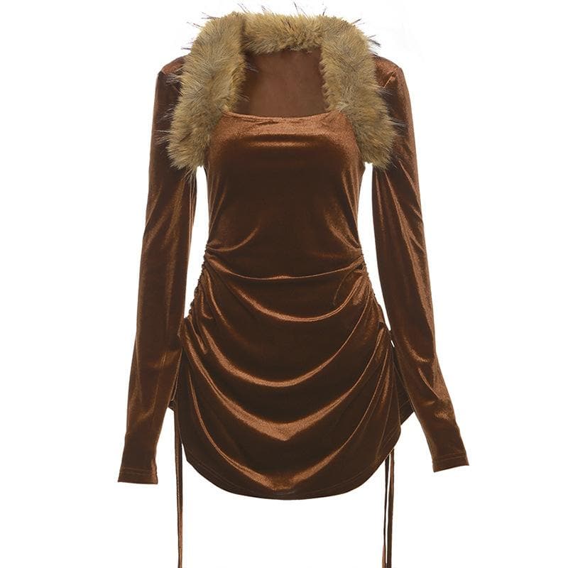 Feather long sleeve velvet ruched drawstring solid mini dress 2