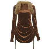 Feather long sleeve velvet ruched drawstring solid mini dress 2
