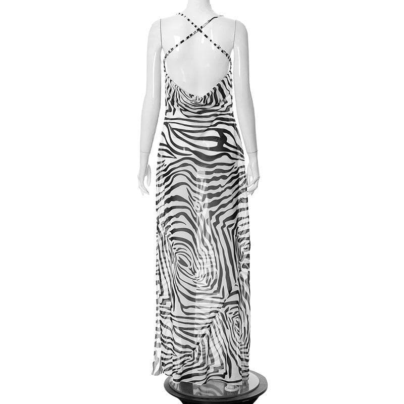 Cowl neck print cross open back maxi chiffon dress 4