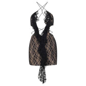 Cross front backless hollow out lace hem contrast mini dress 2