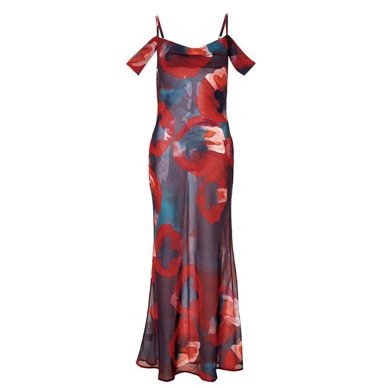 Off shoulder see through chiffon print maxi dress 2