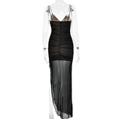 Mesh v neck ruched slit zip-up spaghetti strap maxi dress 6