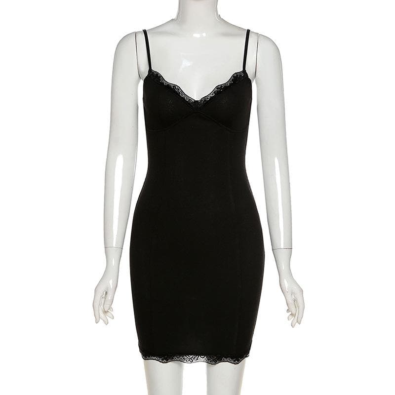 Lace hem solid v neck backless cami mini dress 9