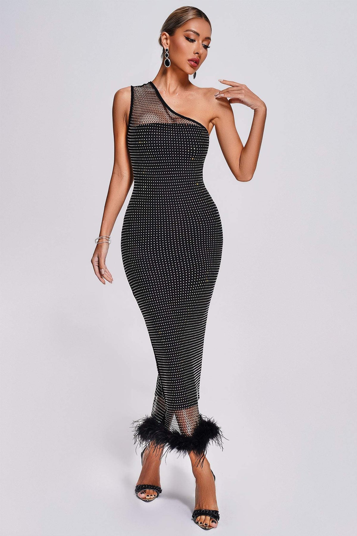 Rhinestone Mesh One Shoulder Feather Hem Side Split Maxi Dress 2
