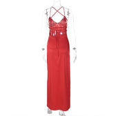 Slit cross back satin backless solid v neck maxi dress 4