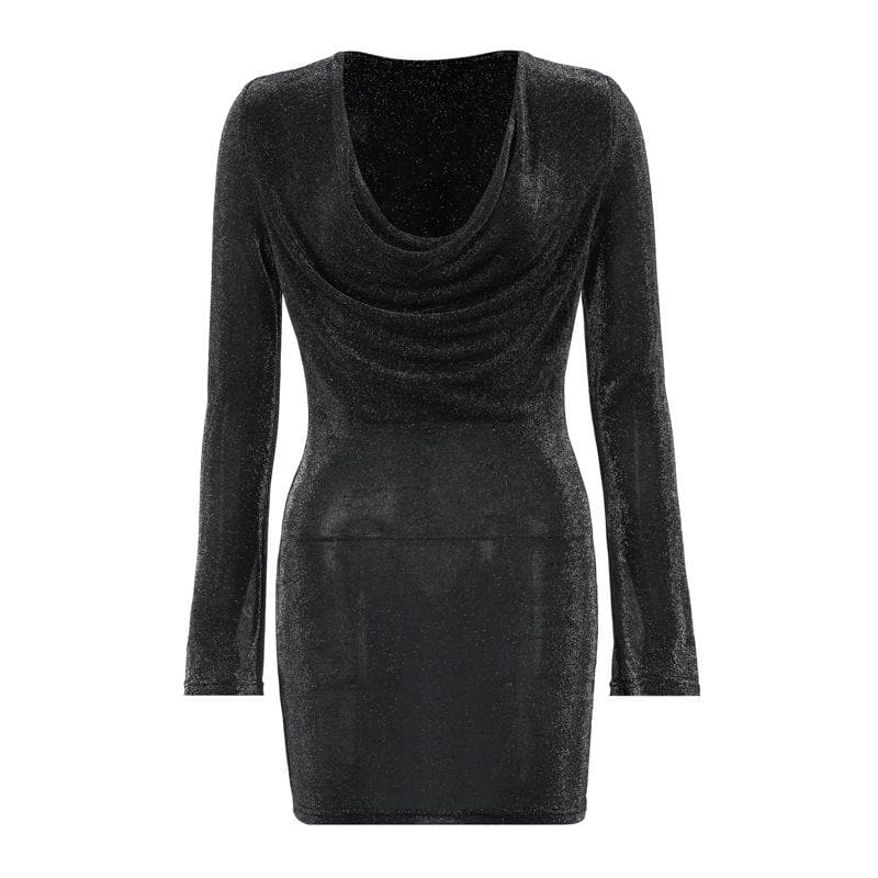 Glitter Cowl Neck Flare Long Sleeve Bodycon Mini Party Dress 2