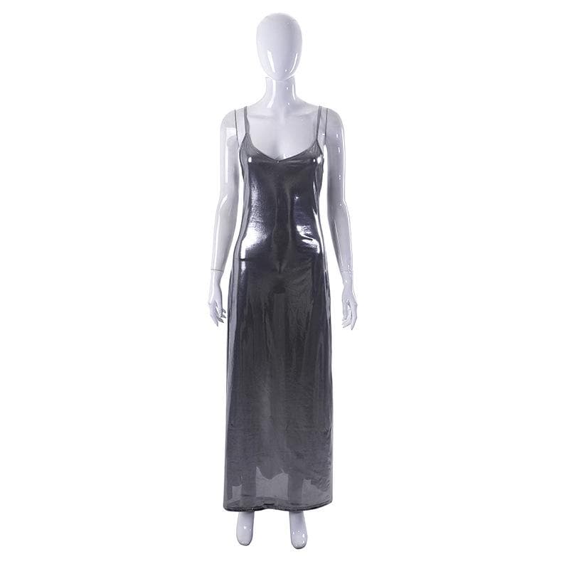 Metallic v neck backless solid low cut cami maxi dress 2