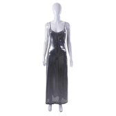 Metallic v neck backless solid low cut cami maxi dress 2