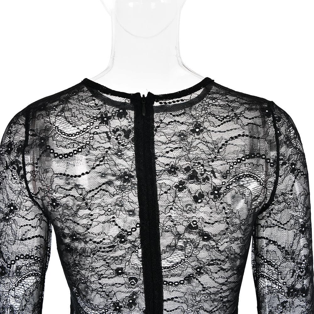 Lace see through long sleeve zip-up self tie ruched mini dress 6