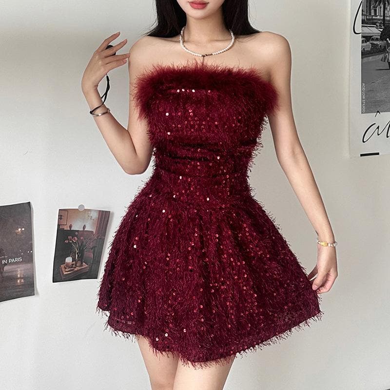Textured glitter backless feather tube mini dress 2