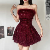 Textured glitter backless feather tube mini dress 2
