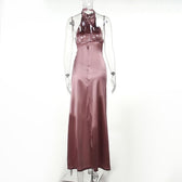Ruched solid satin zip-up halter backless slit maxi dress 4