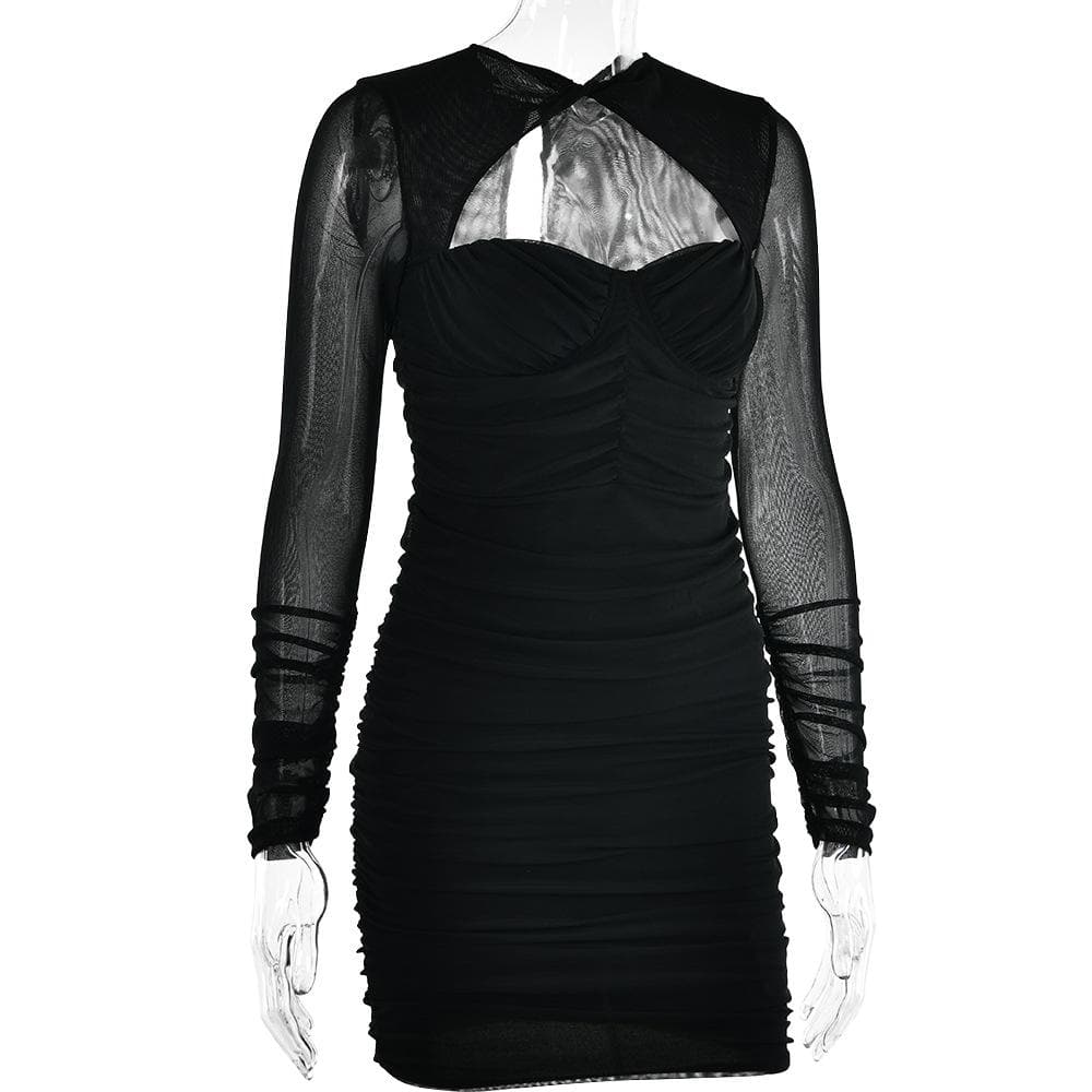 Hollow out ruched mesh long sleeve zip-up button mini dress 5