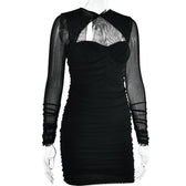Hollow out ruched mesh long sleeve zip-up button mini dress 5